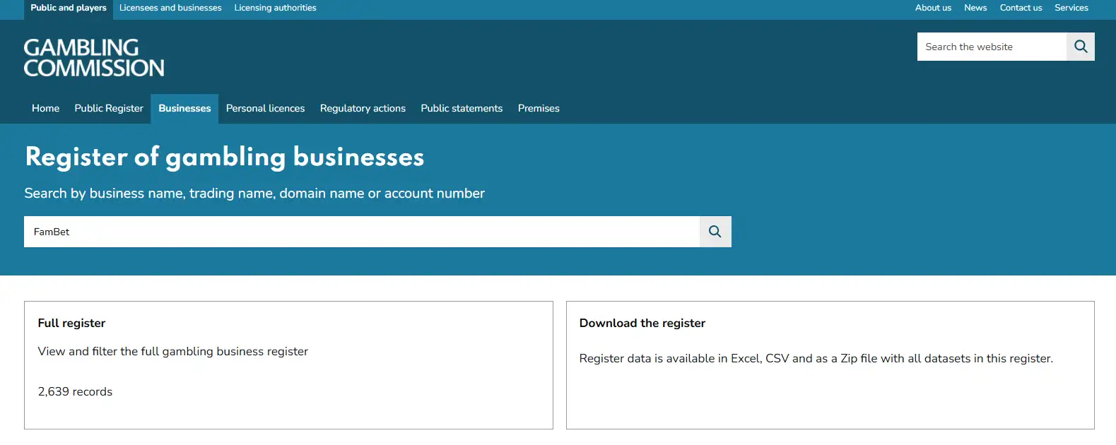 UK Gambling Commission business register search used to check FamBet licensing