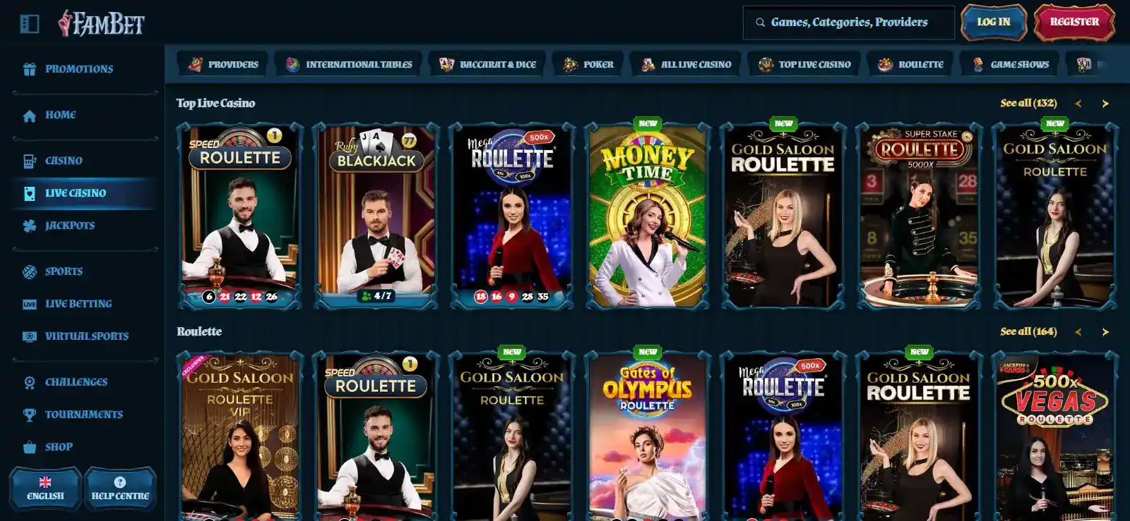 FamBet live casino lobby with live table game categories