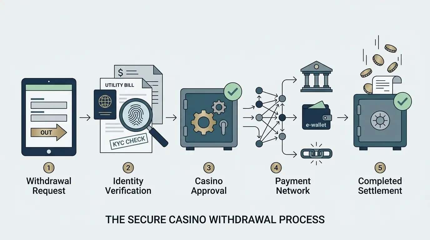 Editorial flow diagram showing a withdrawal request moving through verification, casino approval and payment-network settlement