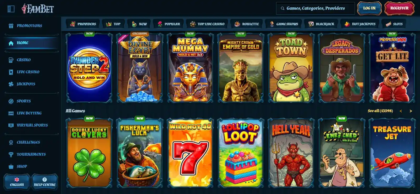 FamBet game lobby with slot categories and provider filters