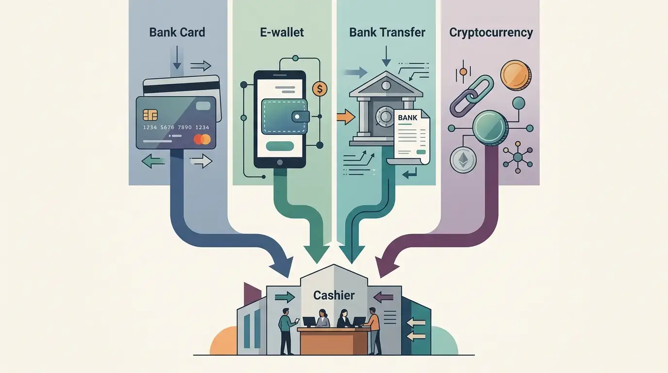 Editorial diagram of casino payment categories including cards, e-wallets, bank transfer and crypto