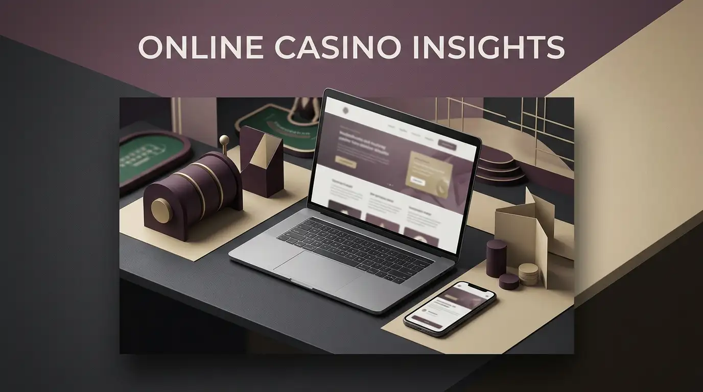Editorial illustration of an online casino review workspace with gaming and mobile motifs