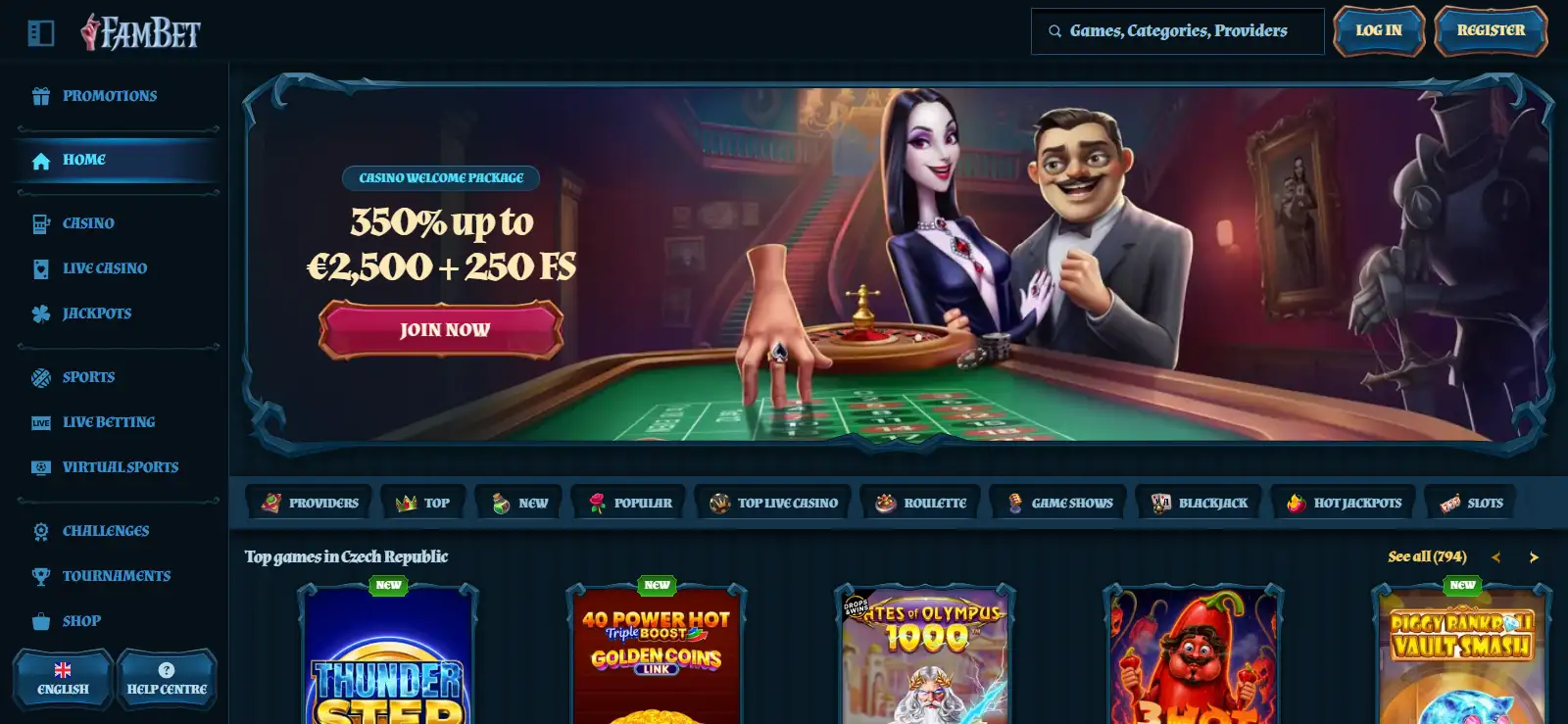 FamBet English homepage showing casino and sportsbook navigation